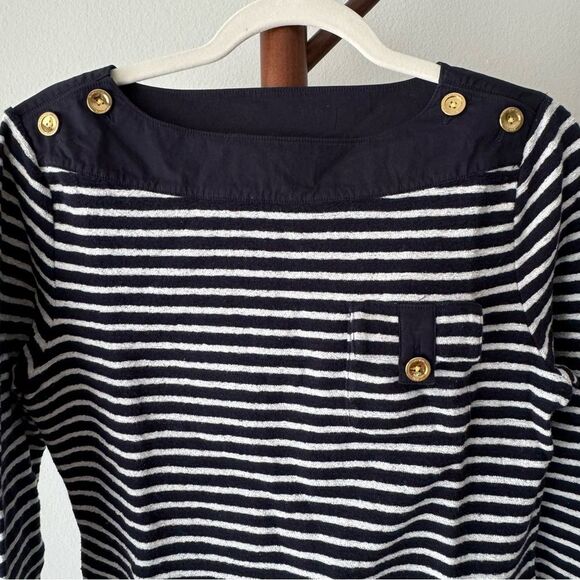 Tory Burch Navy Blue and White Striped Boat Neck Top 3/4 Sleeve - Picture 2 of 14
